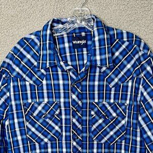 Wrangler Men XL Pearl Snap Western Shirt Plaid Blue Black Long Sleeve Cowboy Y2K